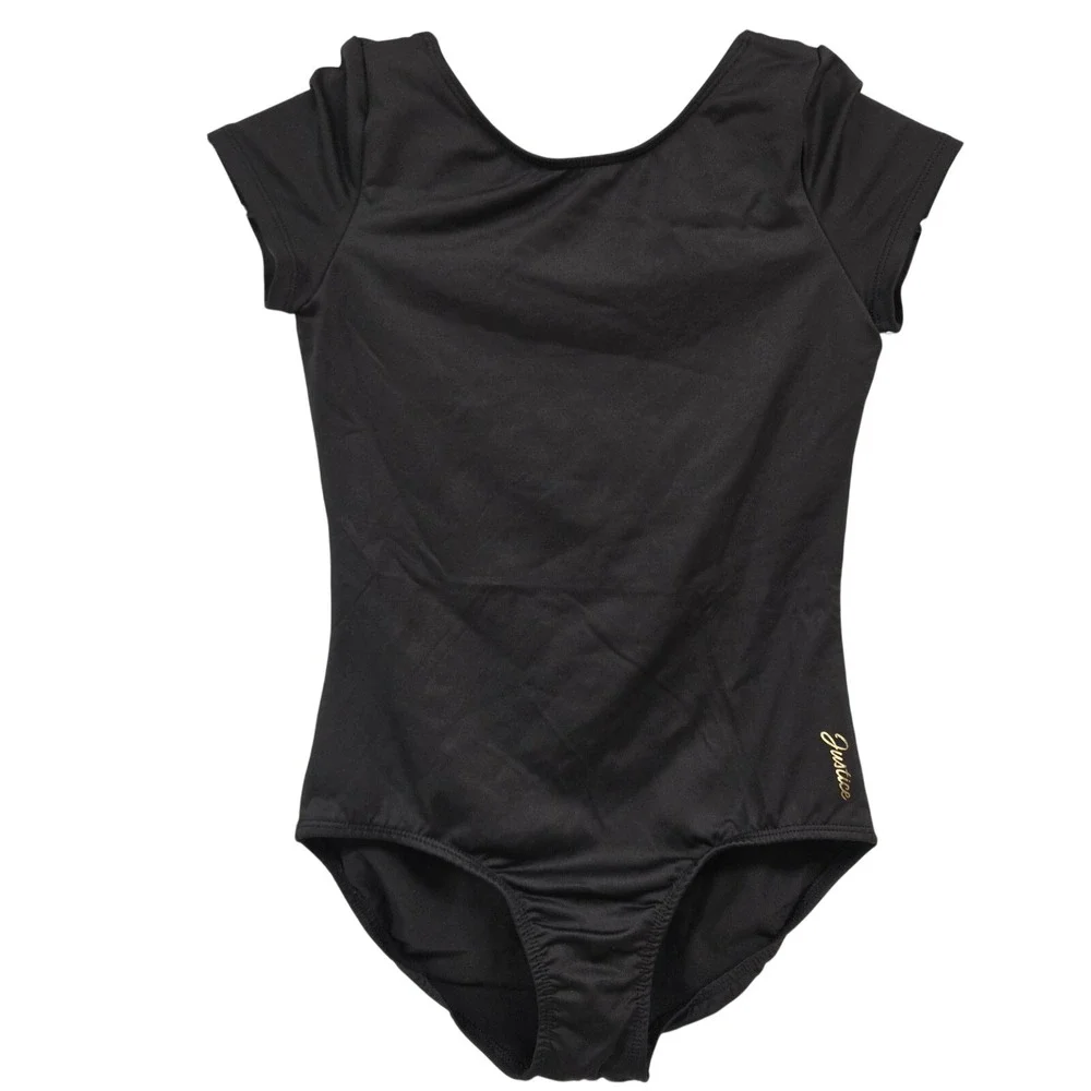 Justice Leo & Crop Top Sports Bra Lot Dance Gymnastics Cap Sleeve Bow Back Black